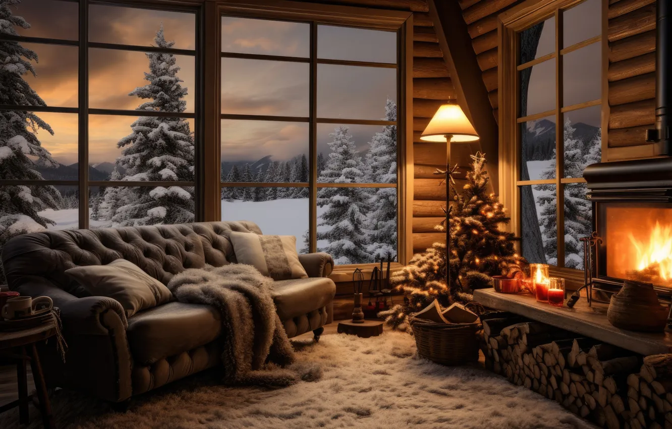 Photo wallpaper winter, snow, decoration, room, sofa, balls, tree, interior