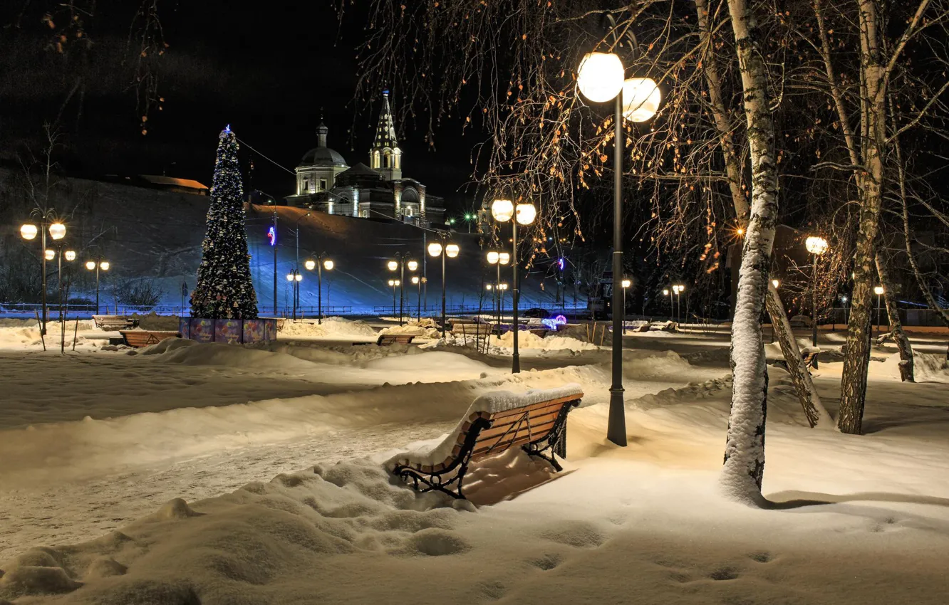 Photo wallpaper winter, snow, landscape, night, the city, Park, tree, new year