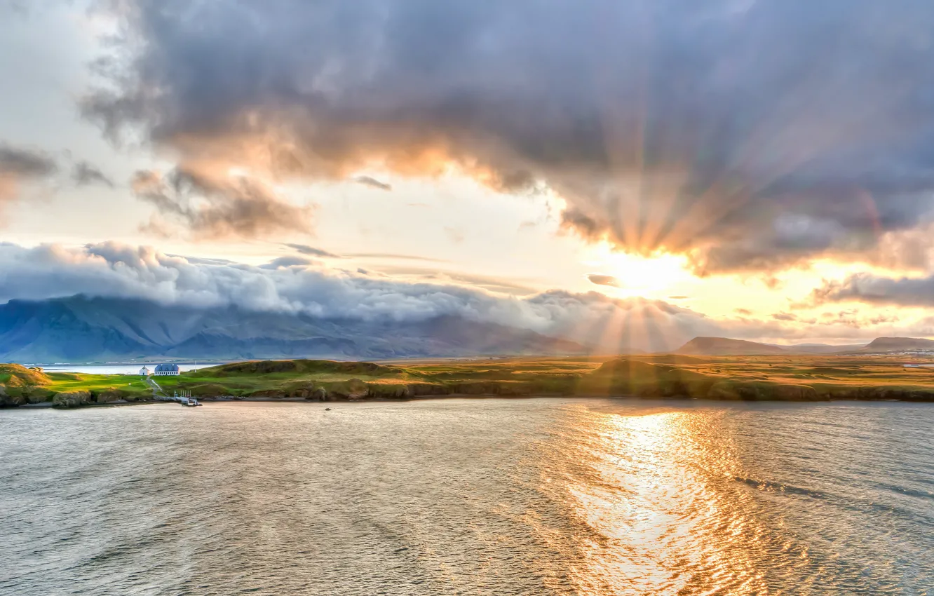 Photo wallpaper wave, the sky, the sun, clouds, rays, light, mountains, clouds
