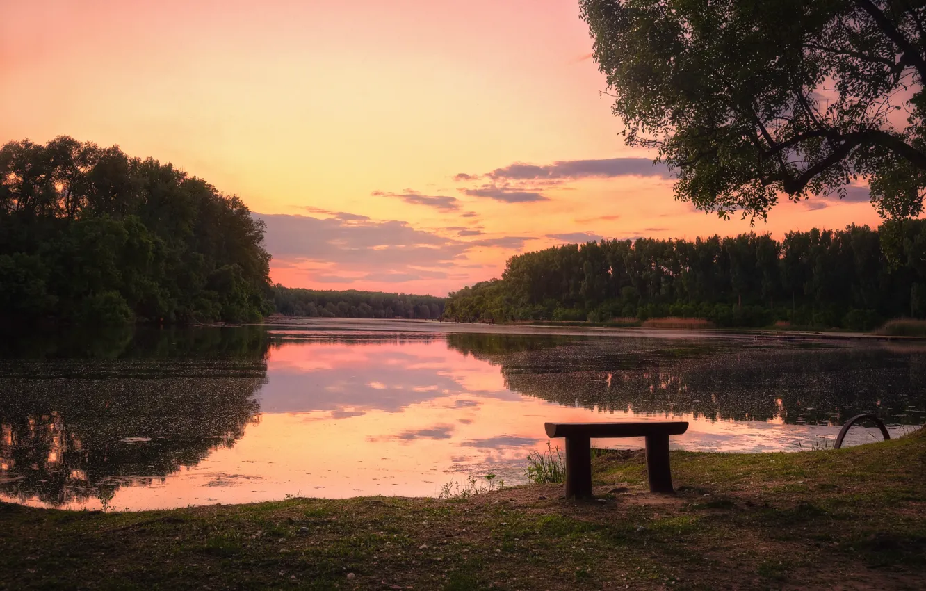 Photo wallpaper sunset, lake, bench