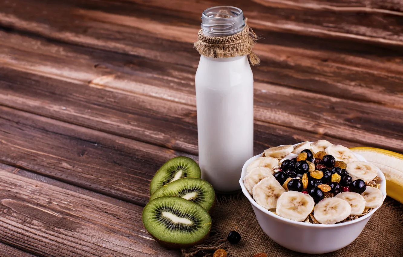 Photo wallpaper bottle, Breakfast, milk, fruit, wood, nuts, breakfast, milk