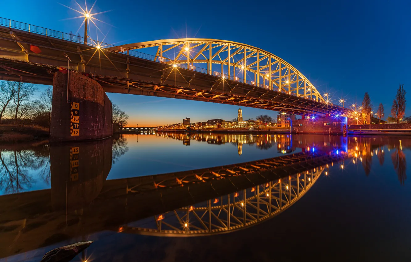 Photo wallpaper bridge, reflection, river, Netherlands, night city, illumination, Netherlands, Arnhem