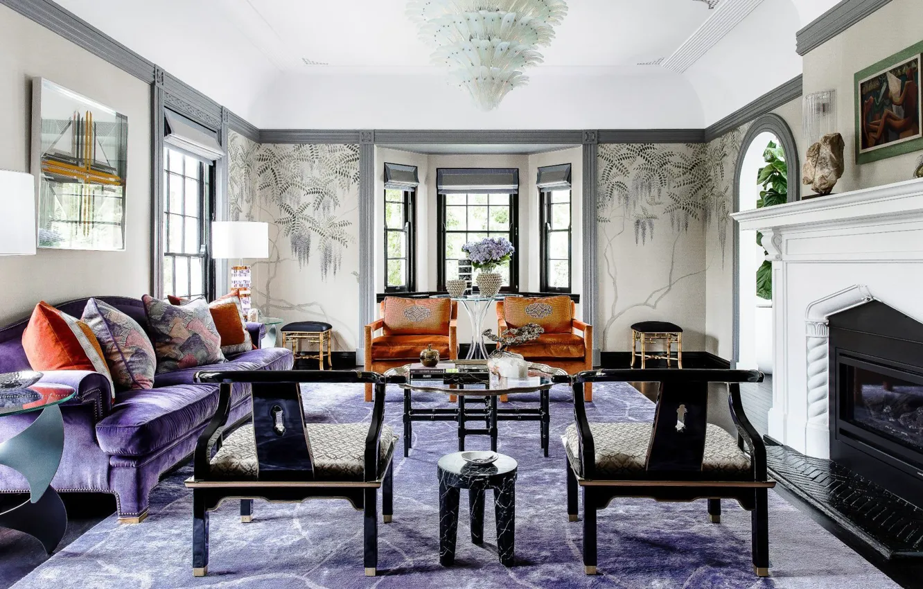 Photo wallpaper design, interior, fireplace, living room, Australia, LuxDeco style