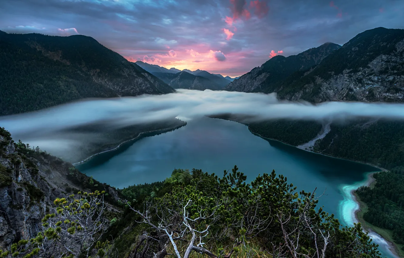 Photo wallpaper clouds, landscape, mountains, nature, fog, lake, vegetation, morning