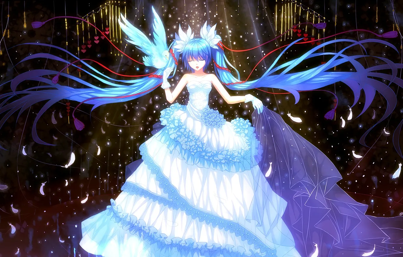 Photo wallpaper girl, bird, feathers, dress, art, vocaloid, hatsune miku, Vocaloid