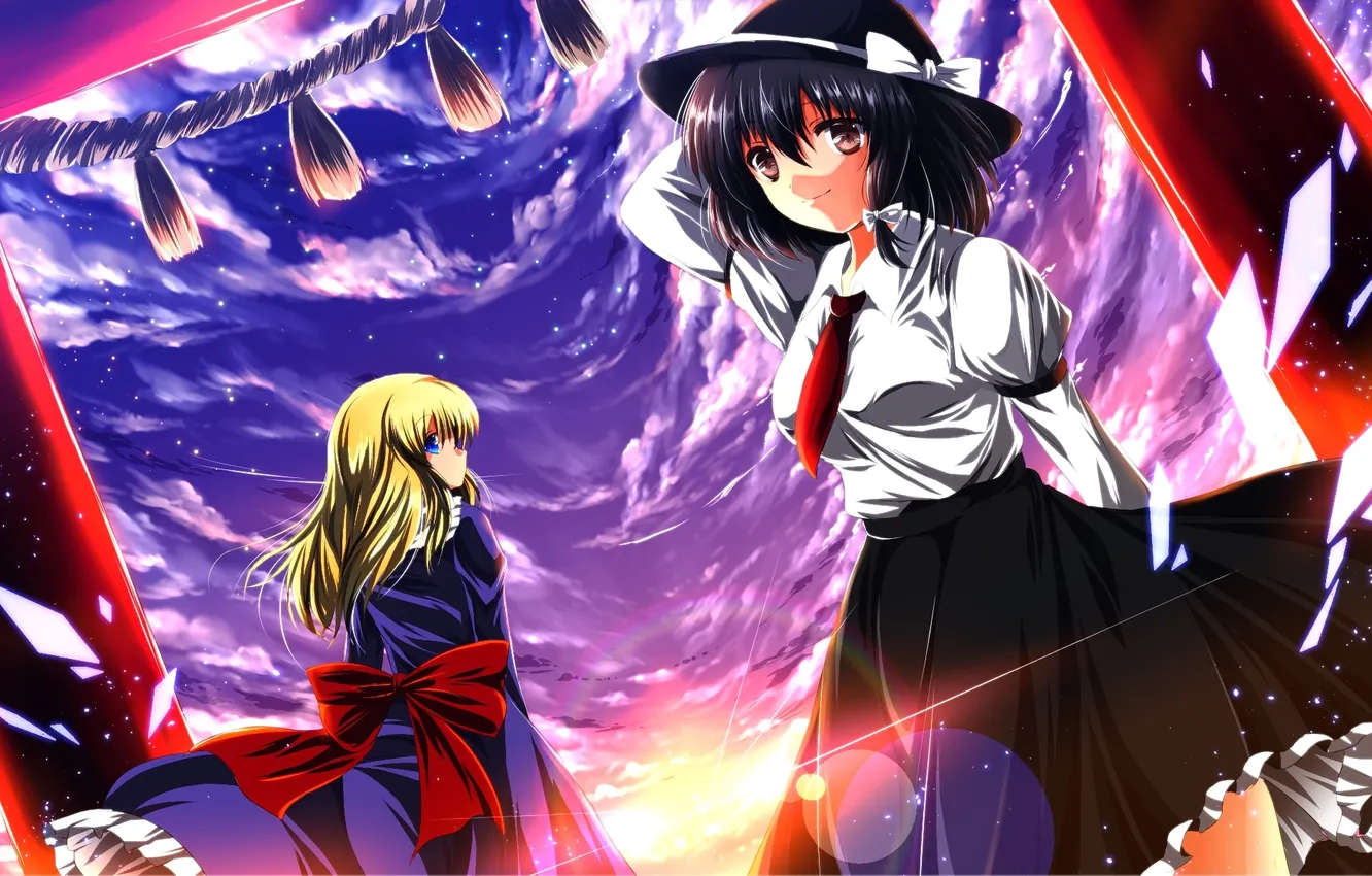 Photo wallpaper the sky, girl, clouds, sunset, smile, hat, art, bow