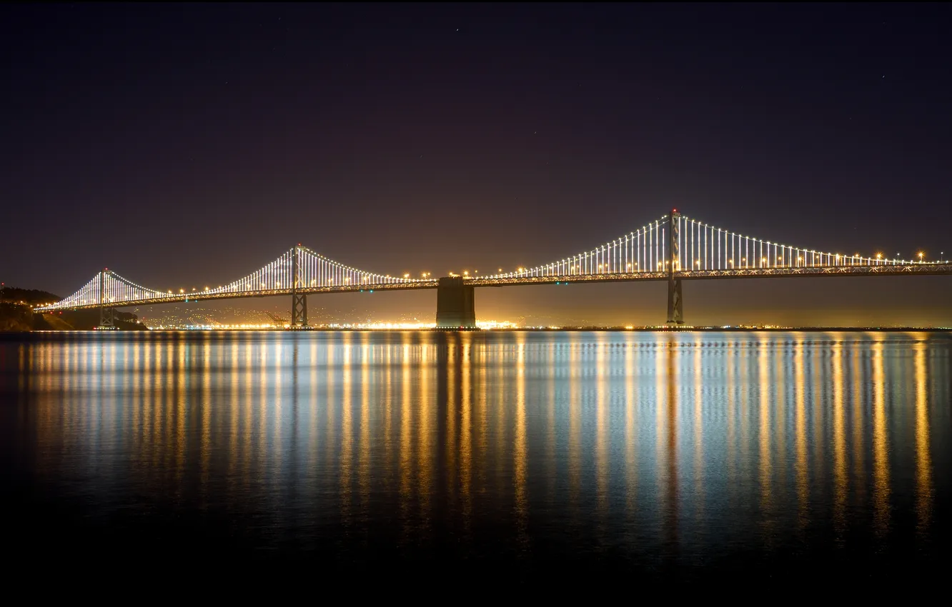 Photo wallpaper water, light, night, bridge, the city, reflection, lighting, CA