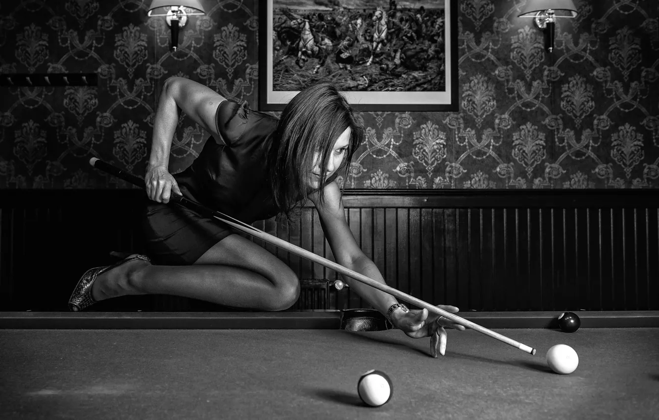 Photo wallpaper girl, balls, Billiards, cue