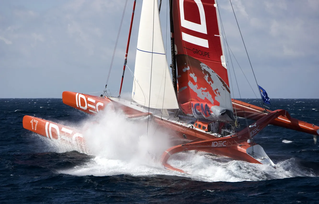 Photo wallpaper sea, wave, photo, ship, sailing, trimaran