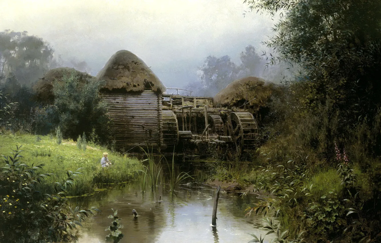 Photo wallpaper landscape, pond, mill, Polenov