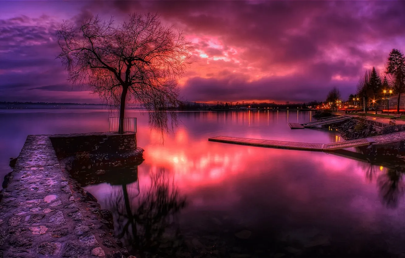 Photo wallpaper the sky, clouds, trees, landscape, sunset, nature, lake