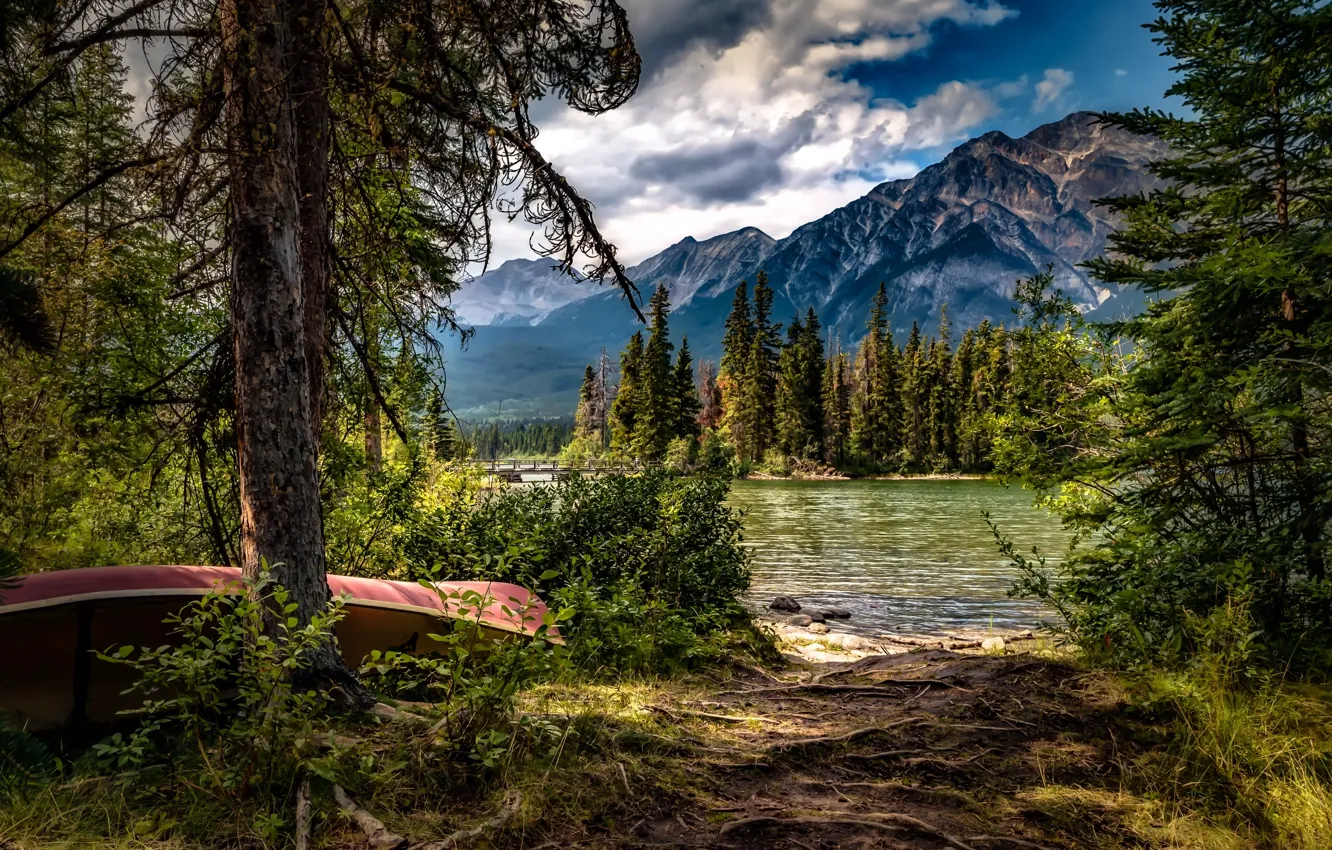 Photo wallpaper trees, mountains, lake, boat, Canada, Albert, Alberta, Canada