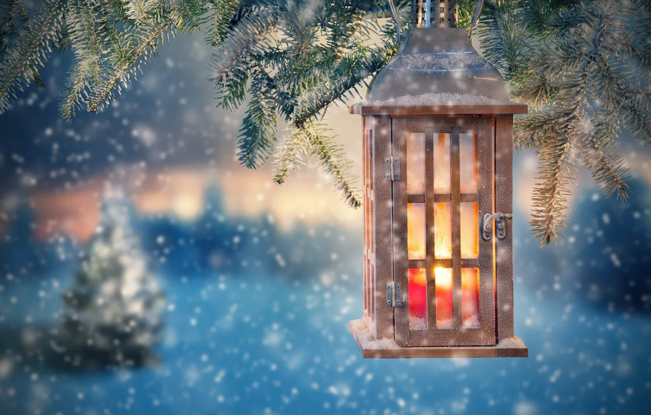 Photo wallpaper snow, decoration, tree, New Year, Christmas, lantern, Christmas, snow