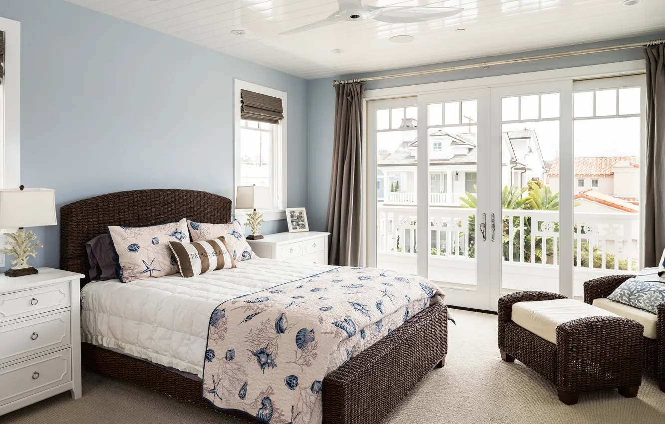 Photo wallpaper design, bed, chair, pillow, window, bedroom, rattan