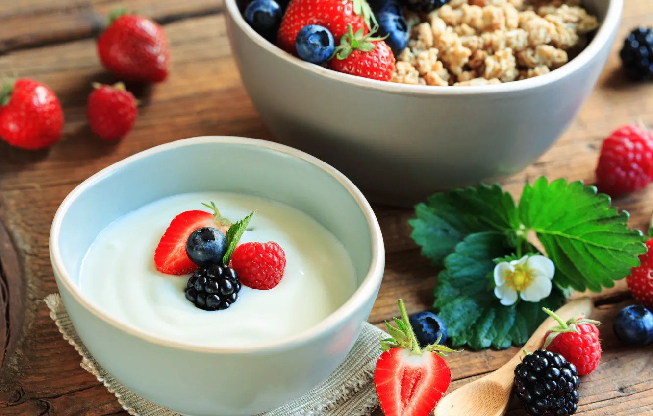 Photo wallpaper berries, Breakfast, cereal, yogurt