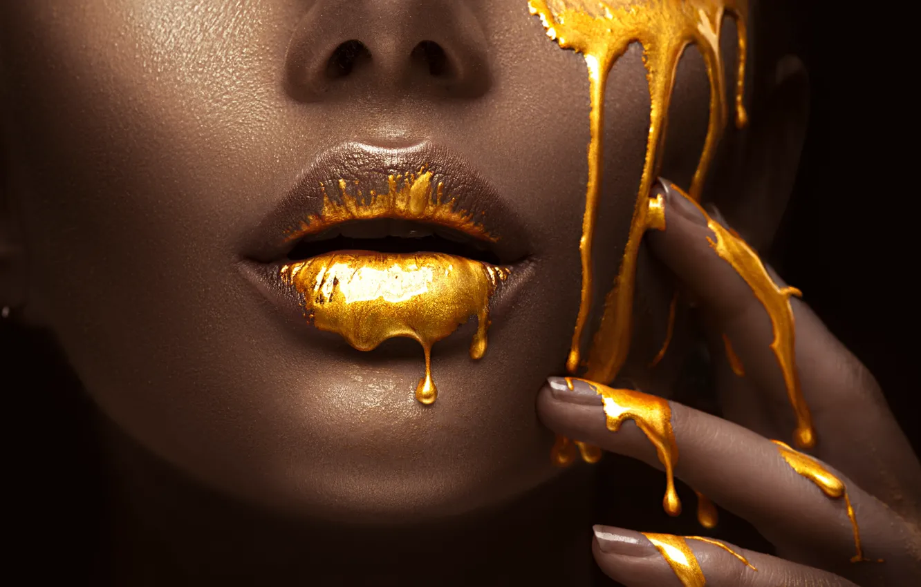 Photo wallpaper girl, face, background, black, makeup, lips, gold, model