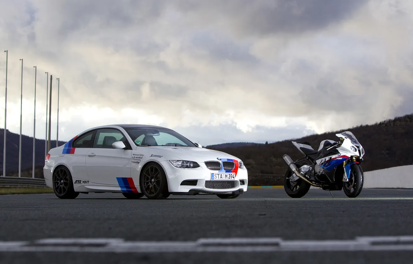 Photo wallpaper white, the sky, clouds, bmw, BMW, coupe, motorcycle, white