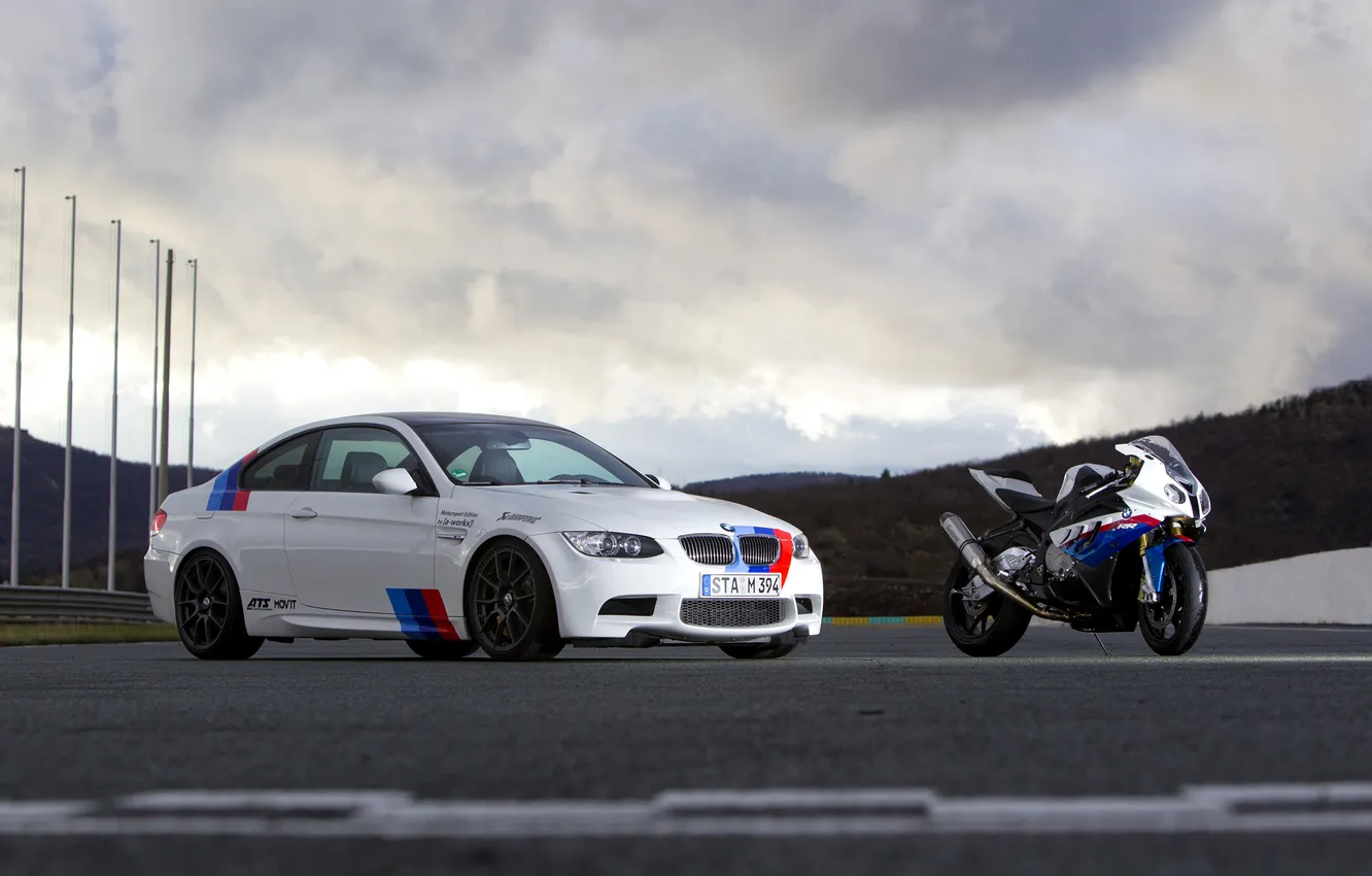 Photo wallpaper white, the sky, clouds, BMW, coupe, BMW, motorcycle, white