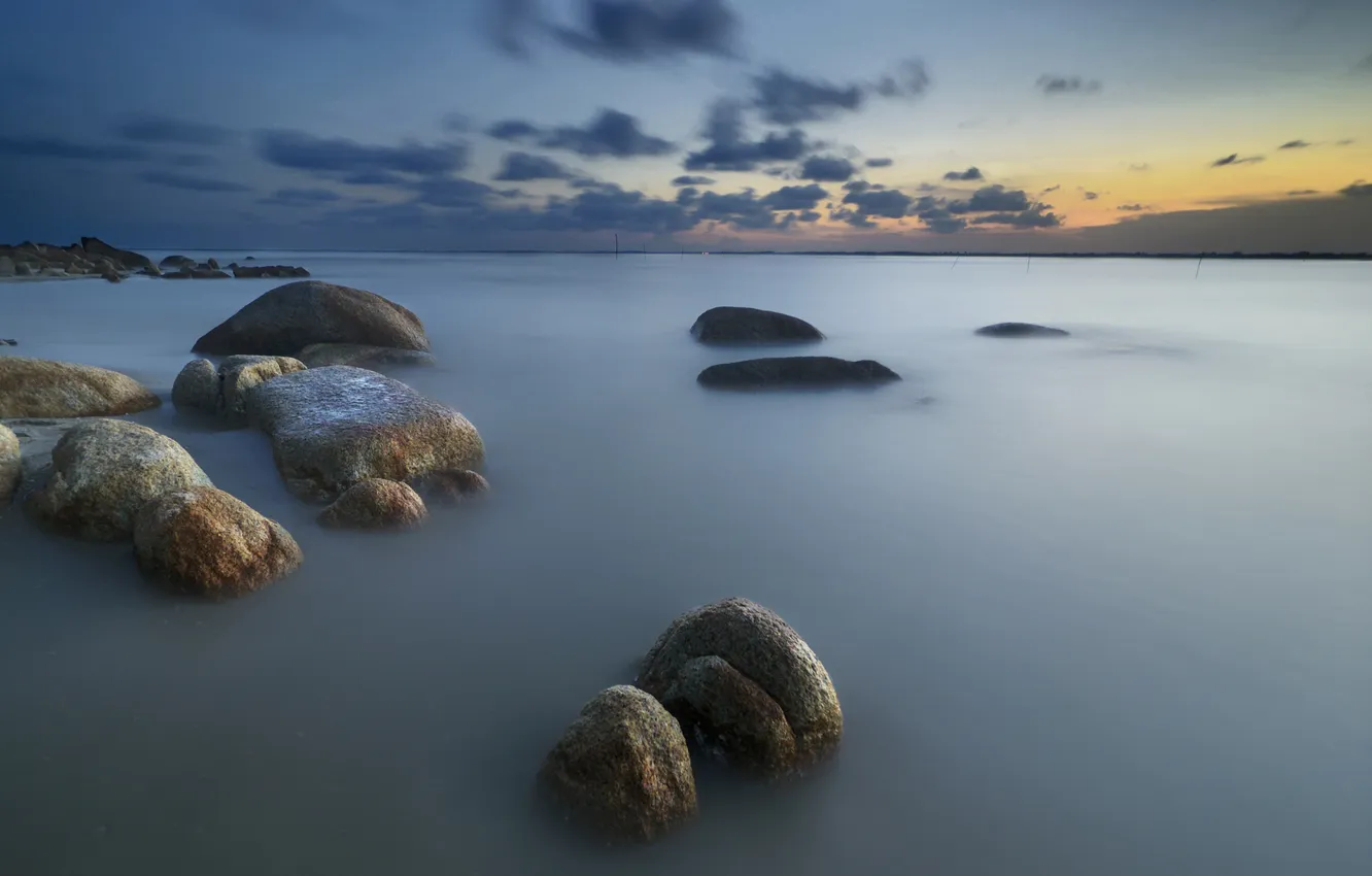 Photo wallpaper sea, sunset, stones, Bay