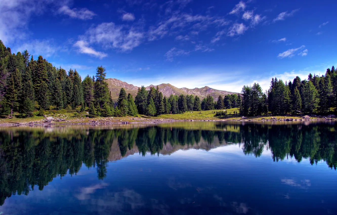 Photo wallpaper sea, forest, the sky, water, mountains, lake