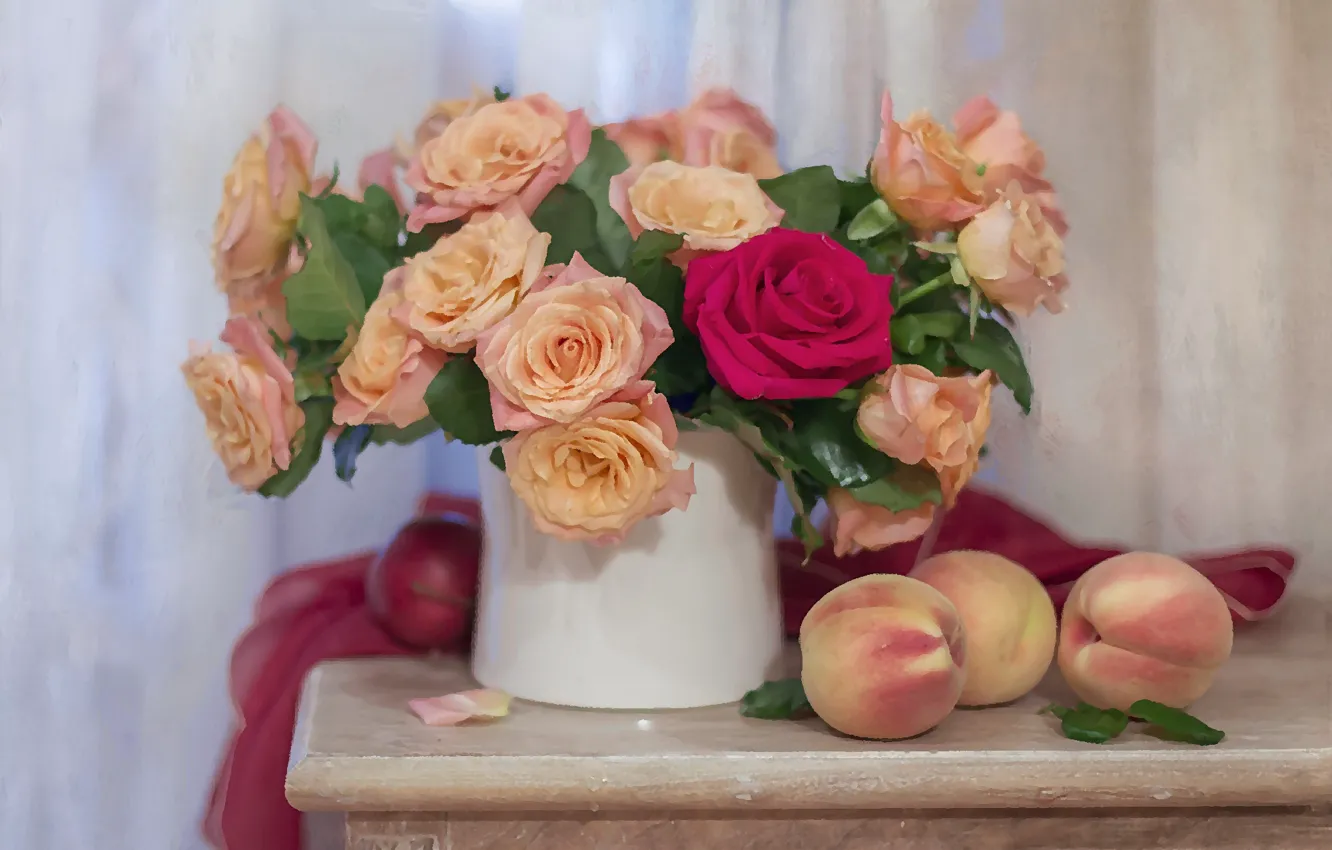 Photo wallpaper flowers, roses, bouquet, fruit, peaches, composition