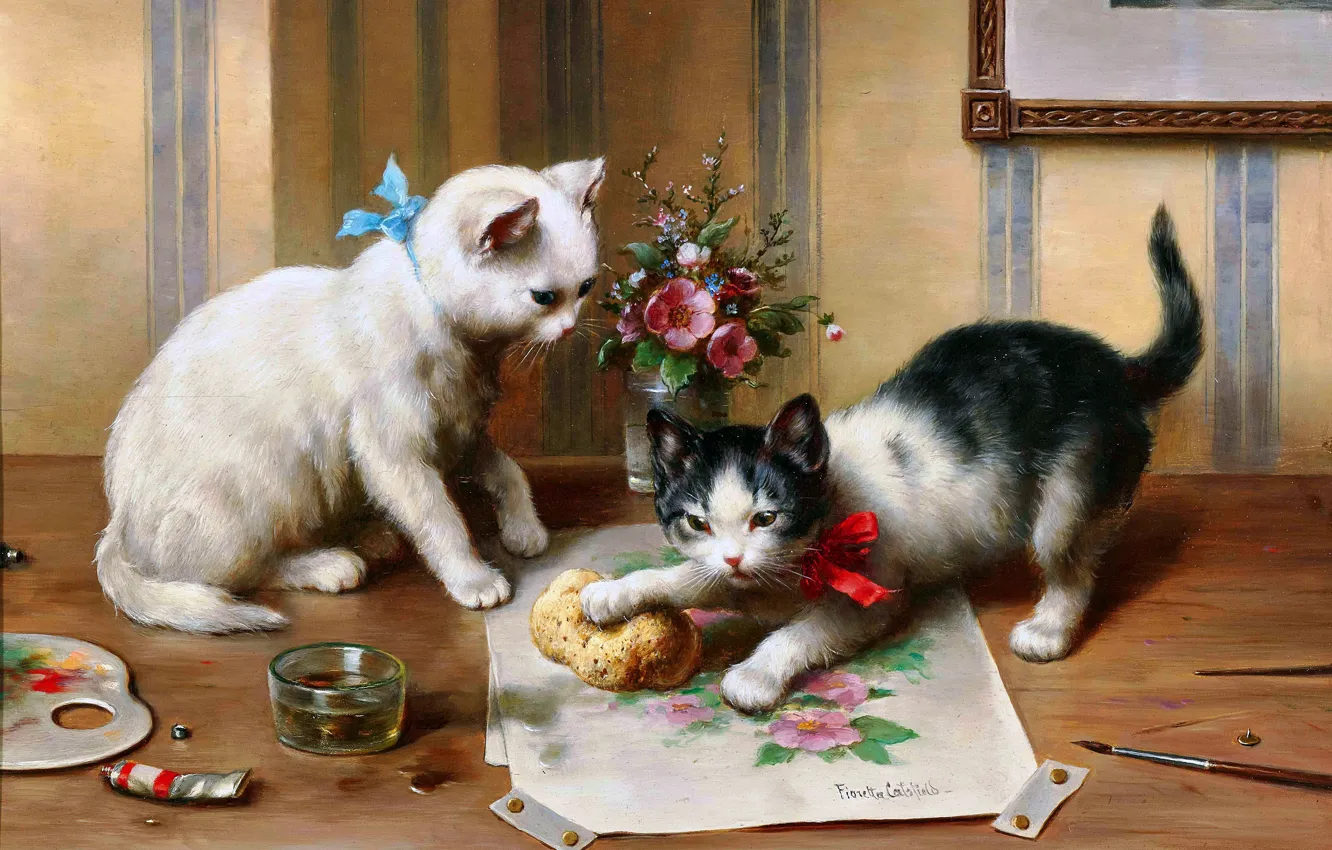 Photo wallpaper Table, Cats, Picture, Two, Paint, Carl Reichert, Carl Reichert, Austrian painter