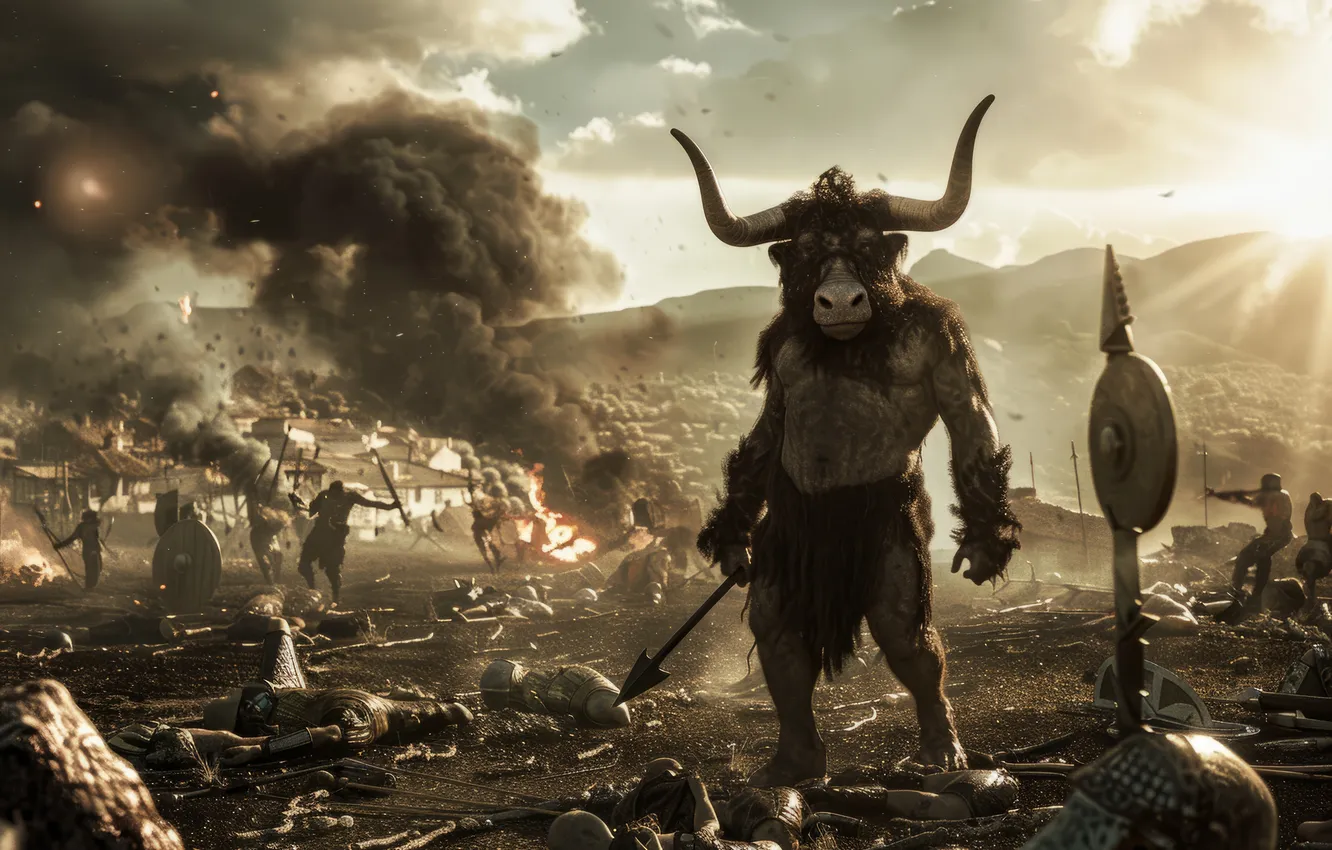 Photo wallpaper smoke, horns, the battle, monster, the Minotaur, the battlefield, digital art, mythology