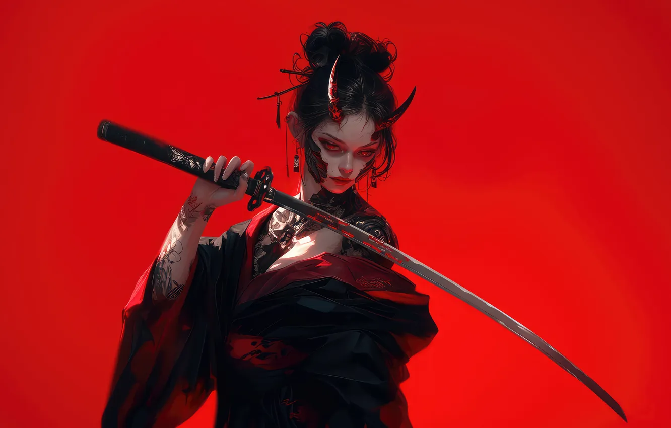 Photo wallpaper demon, girl, devil, mecha, anime, katana, tattoo, red background