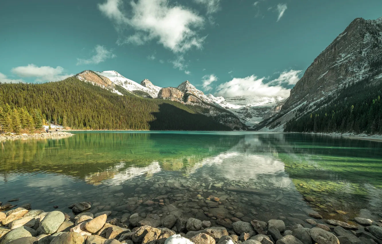 Photo wallpaper forest, the sky, clouds, snow, mountains, pebbles, lake, reflection