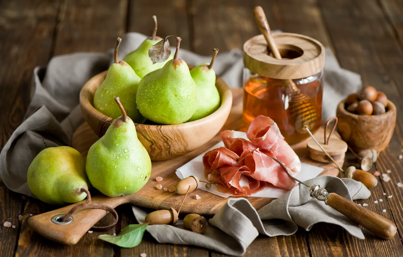 Photo wallpaper honey, green, meat, dishes, fruit, nuts, pear, ham
