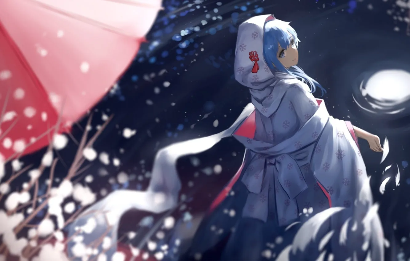 Photo wallpaper night, lights, umbrella, hood, vocaloid, Hatsune Miku, Japanese clothing, the reflection in the water