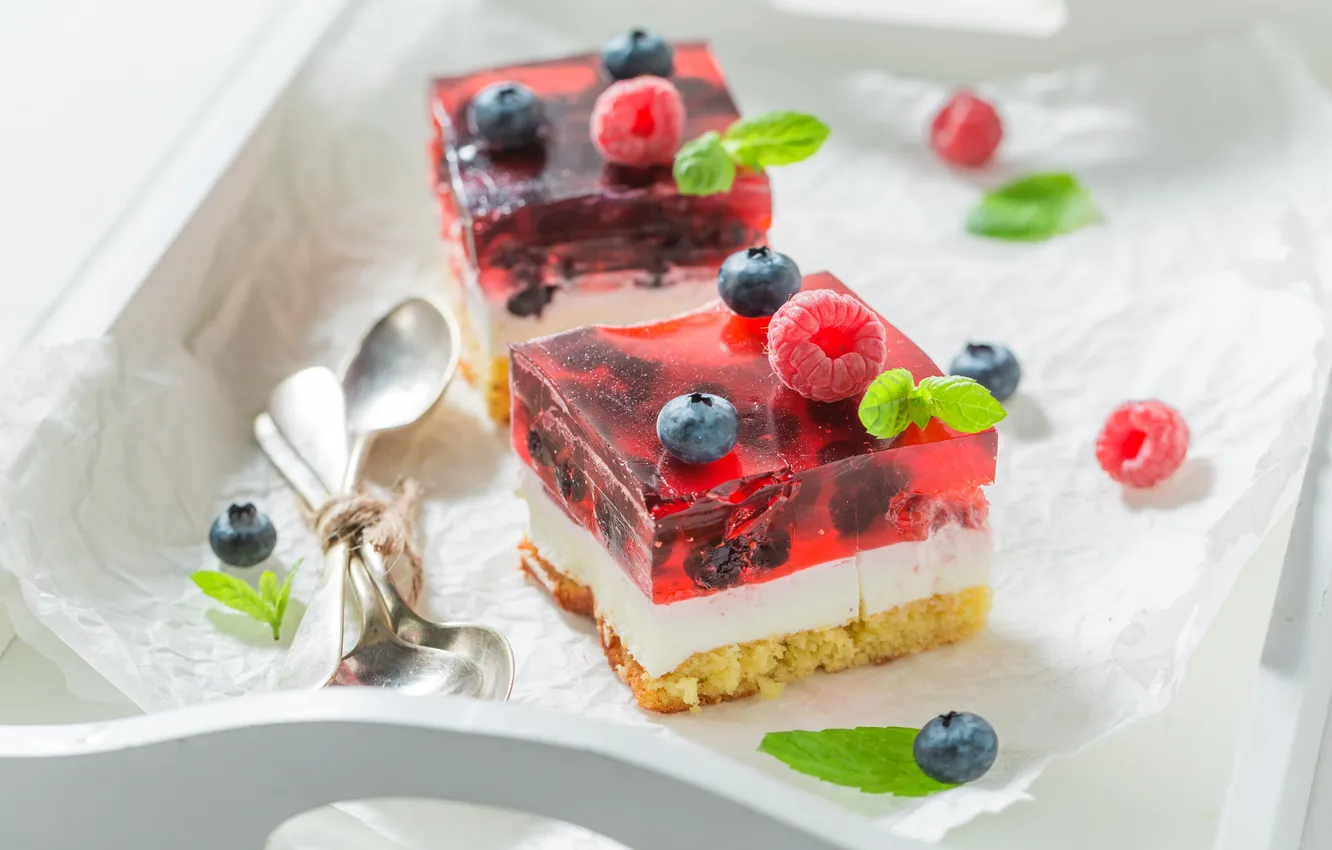 Photo wallpaper berries, raspberry, blueberries, cake, dessert, tray, cheesecake, spoons