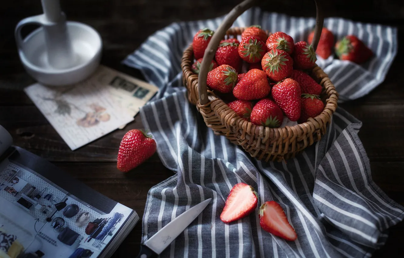 Photo wallpaper berries, table, strawberry, journal