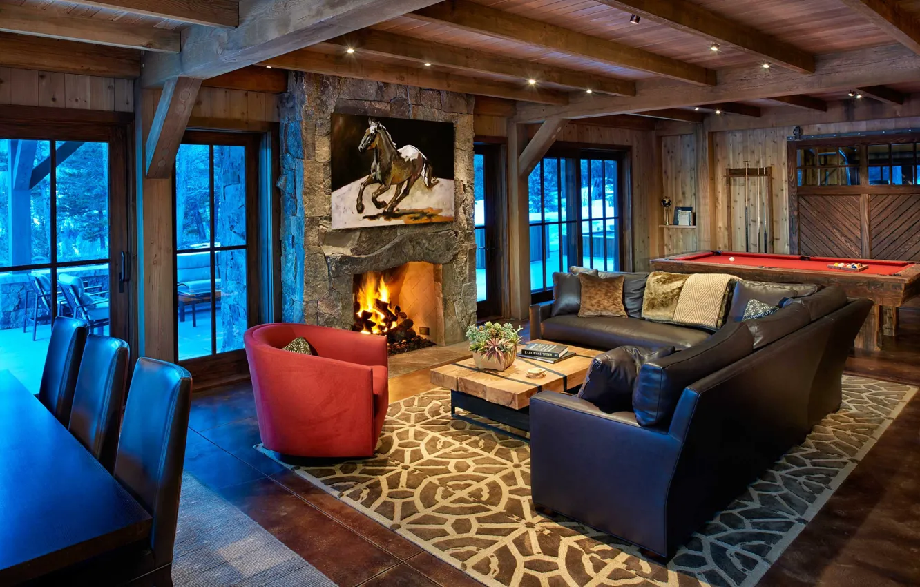 Photo wallpaper interior, Billiards, fireplace, living room
