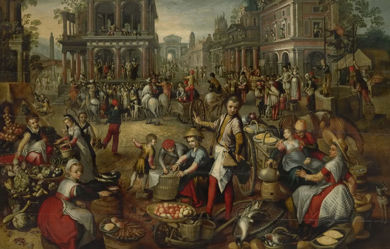 Photo wallpaper oil, picture, Joachim Bacelar, Joachim Beuckelaer, Market square. In the background the Flagellation, 1590