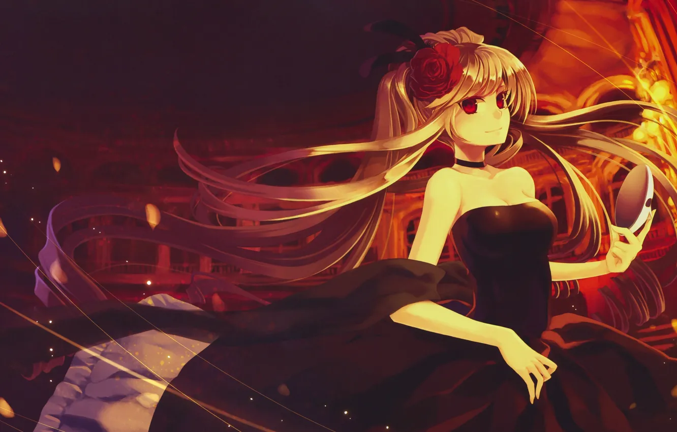 Photo wallpaper mask, neckline, corset, red eyes, long hair, flower in hair, black dress, Pixiv Fantasia