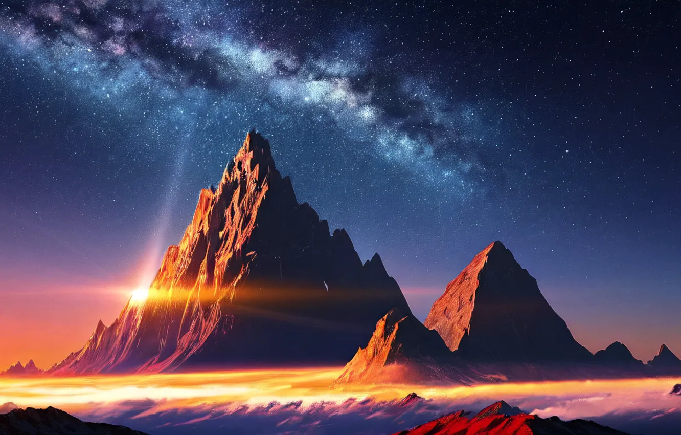 Photo wallpaper landscape, mountains, galaxy, rays of light, digital art, digital art, artificial intelligence, Stable Diffusion