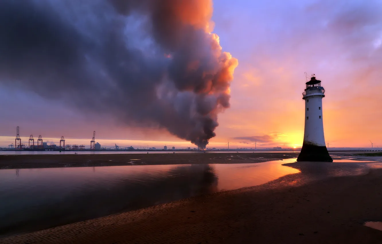 Photo wallpaper sunset, fire, lighthouse
