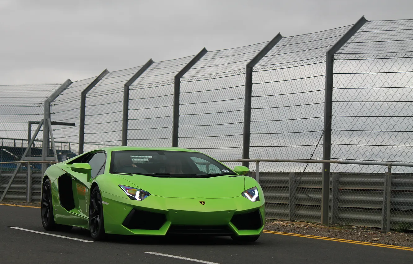 Photo wallpaper road, the sky, clouds, green, green, the fence, lamborghini, front view