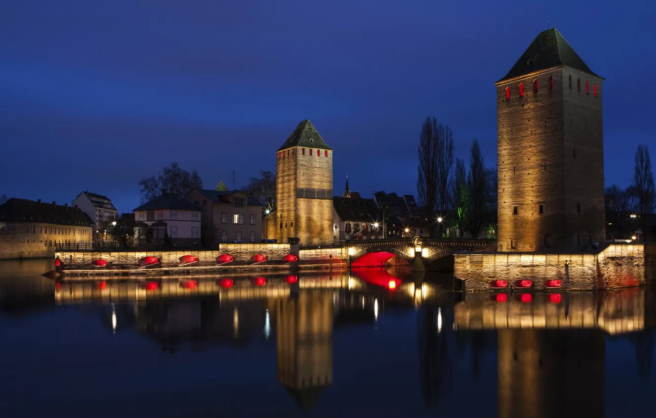 Photo wallpaper night, bridge, lights, river, France, tower, home, channel