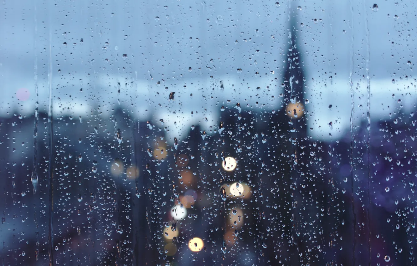 Photo wallpaper glass, drops, cityscape, raining