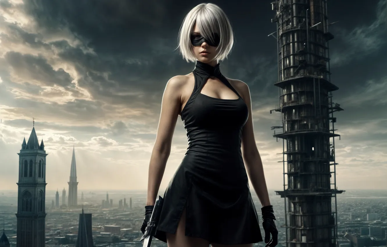 Photo wallpaper girl, the city, sword, YoRHa No.2 Type B, the image is generated by AI