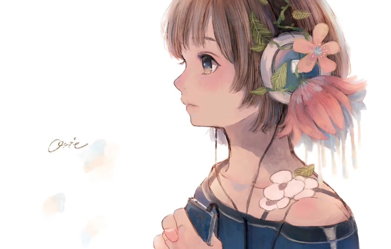 Photo wallpaper girl, flowers, headphones
