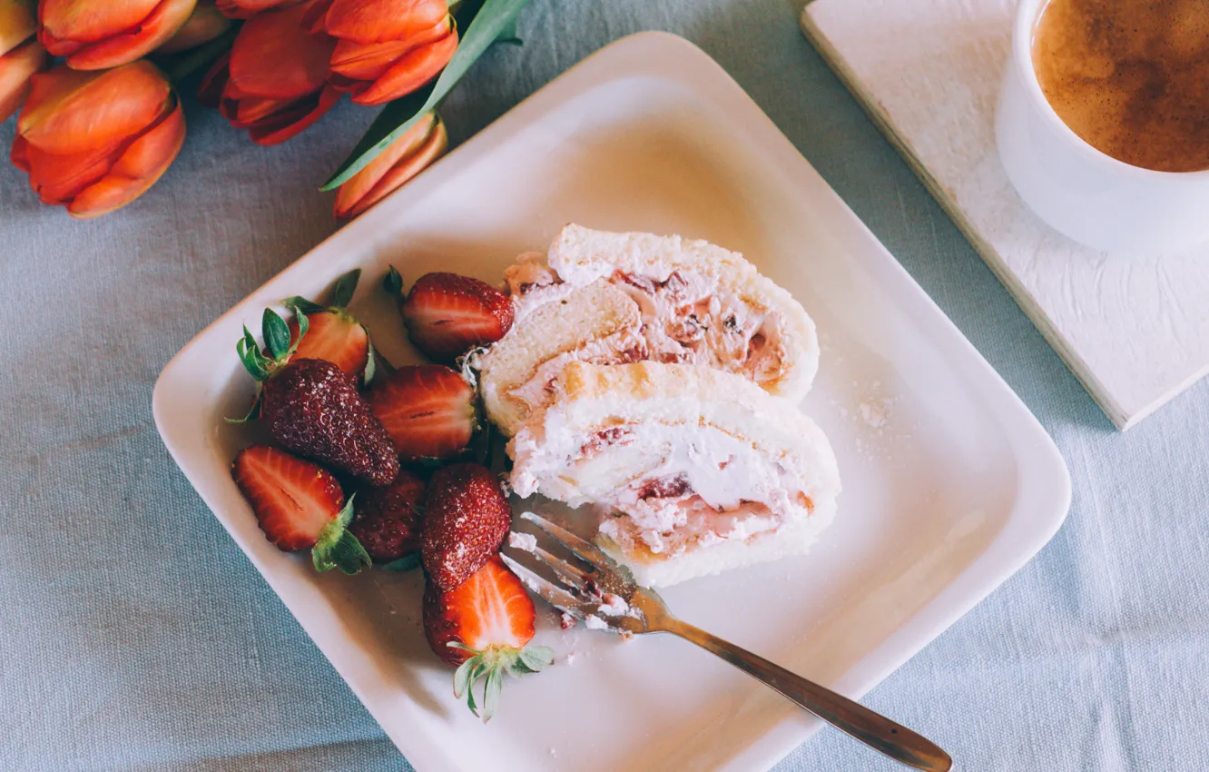 Photo wallpaper coffee, food, strawberry, tulips, sweet, roll
