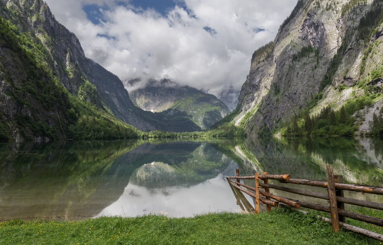 Photo wallpaper grass, clouds, landscape, mountains, nature, lake, reflection, rocks