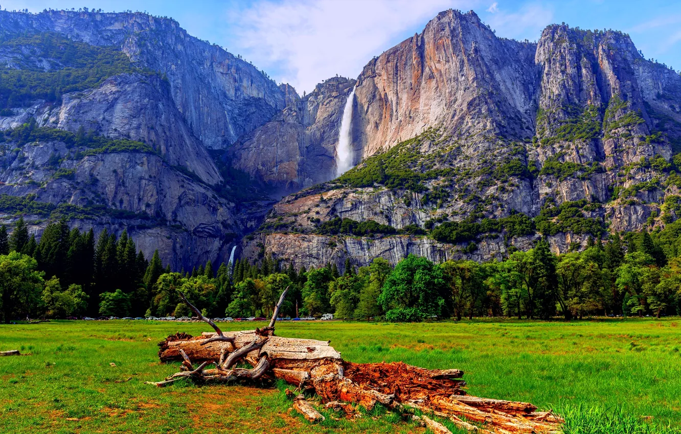 Photo wallpaper the sky, grass, clouds, trees, Mountains, log, waterfalls