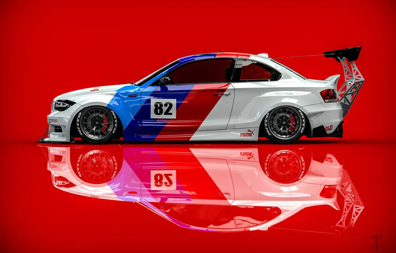 Photo wallpaper Auto, BMW, Machine, side view, Rendering, Red background, BMW 1 Series, Transport & Vehicles