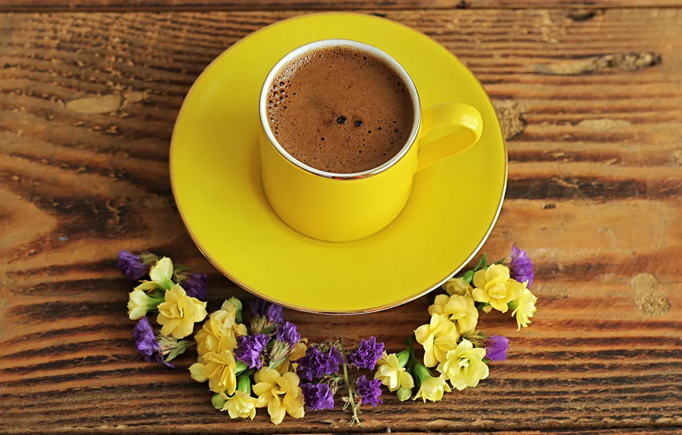 Photo wallpaper flowers, coffee, Cup, saucer