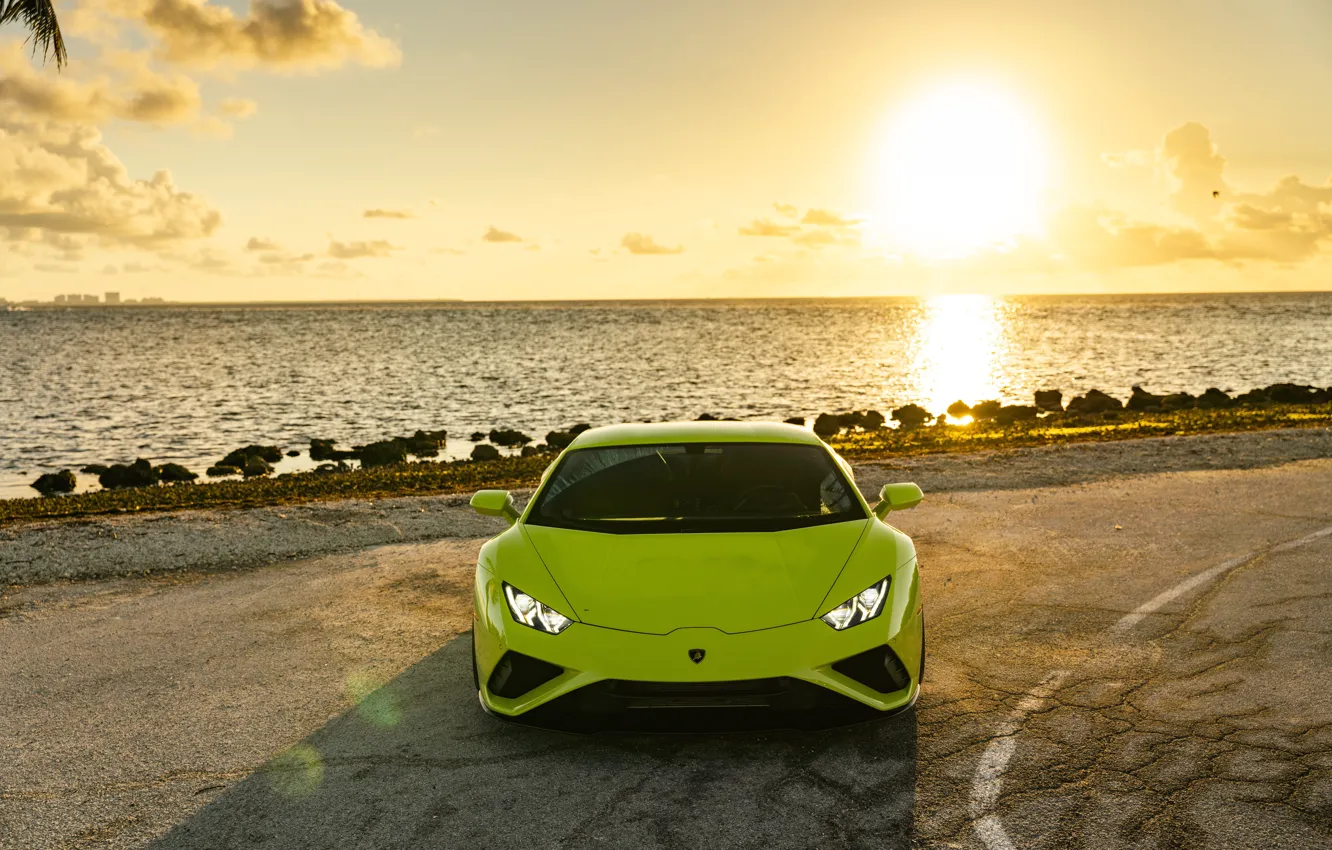Photo wallpaper Lamborghini, Green, Sunset, Sea, VAG, Huracan