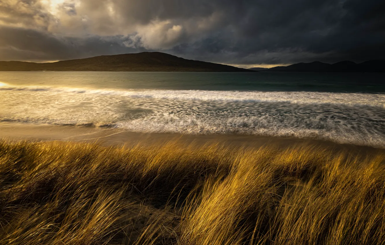 Photo wallpaper sea, wave, grass, mountains, shore